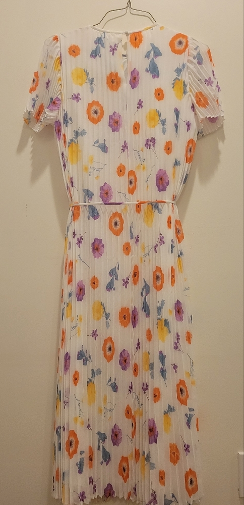 Ann Taylor White Floral Flutter Sleeve Pleated Flare Dress, Size Large Petite